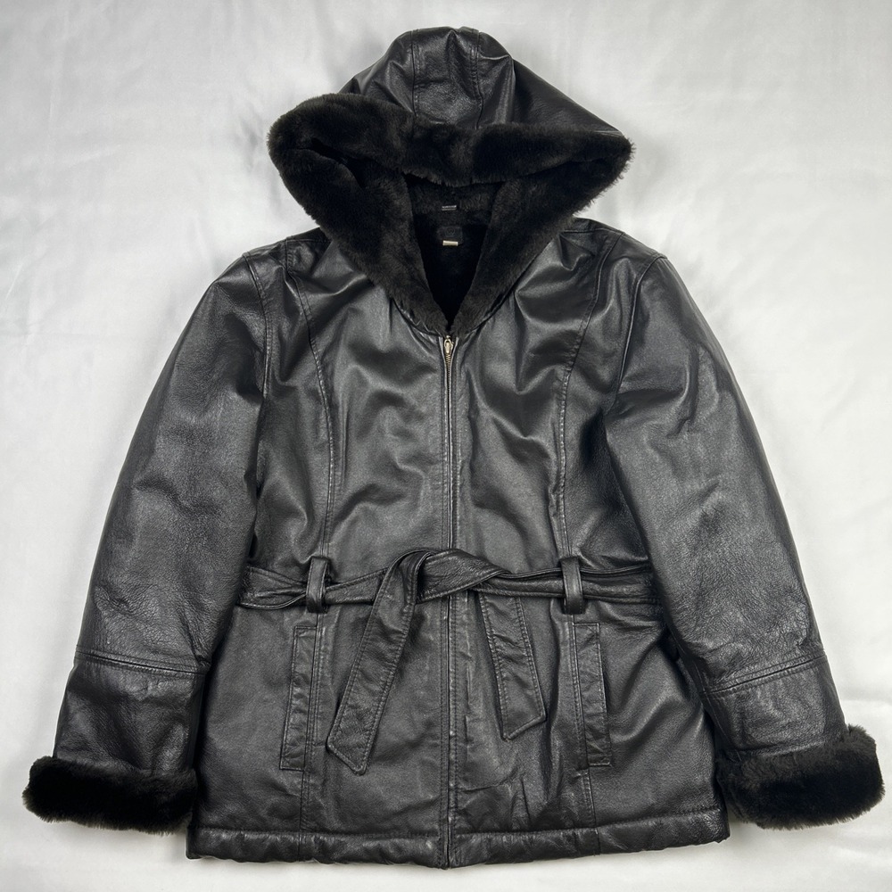 Wilsons Leather Coat Black Womens L Genevieve Belt Jacket Sherpa Faux Fur Hooded
